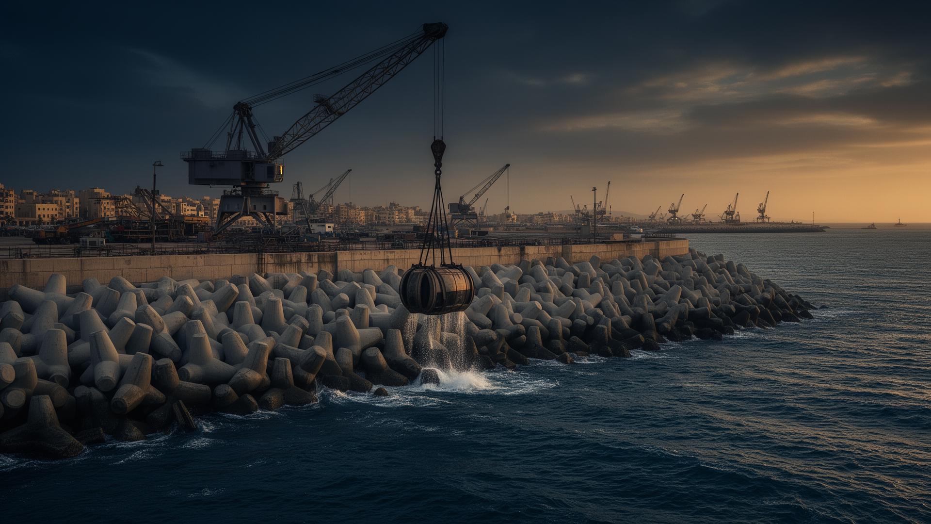 QSTRUCT harbor construction site at golden hour